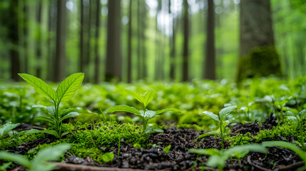 Lush Green Forest Floor Showing New Plant Growth With Blurred Background And Sunlight