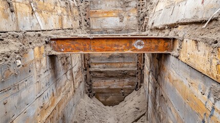 A secured trench with reinforced safety walls and proper hazard markings.