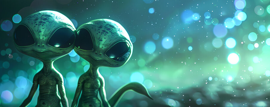 Cute green aliens on a blurry background are looking at the camera. A banner with a place for the text