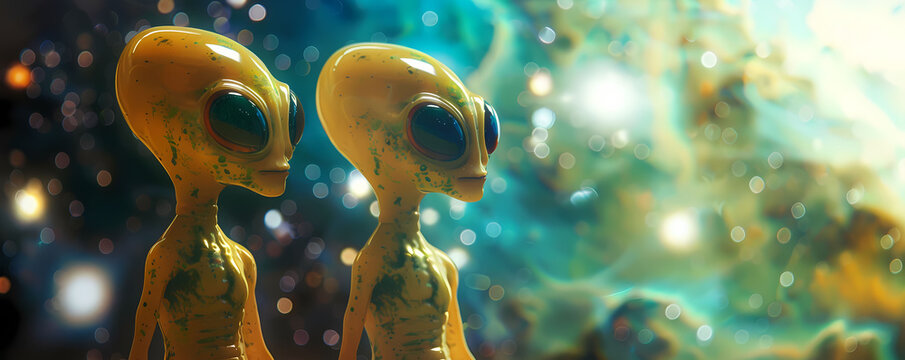 Green aliens on a blurred space background. A banner with an empty space for text