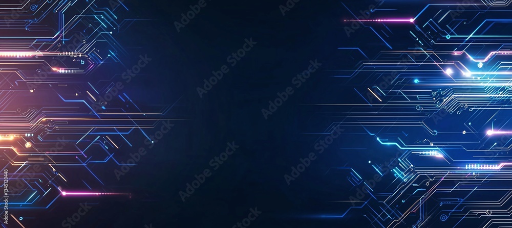 Poster an abstract digital background showcasing vibrant neon patterns and lines. perfect for tech-related 