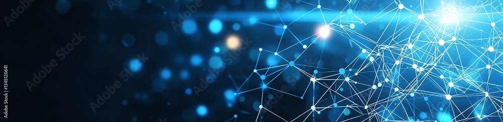 Poster an abstract representation of a digital network, showcasing intricate connections and glowing partic