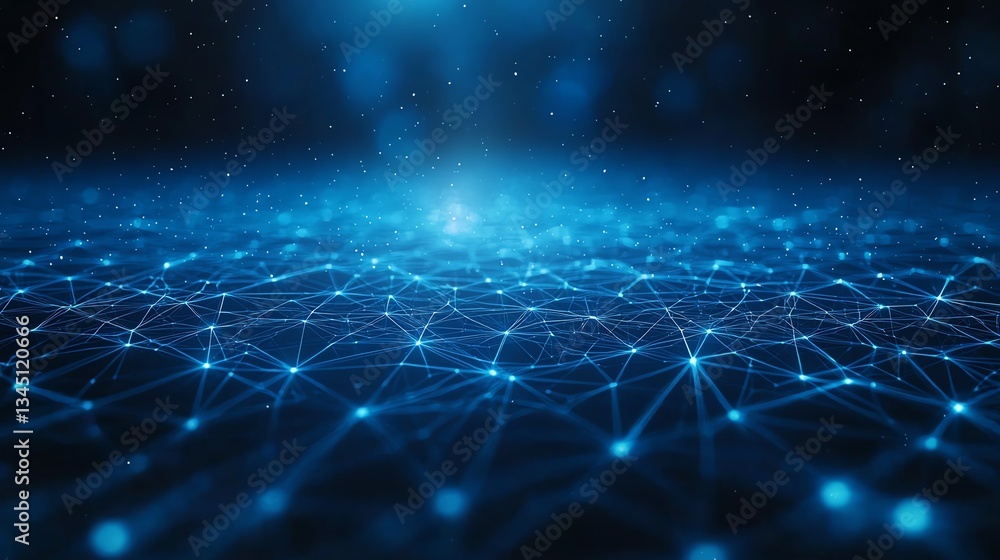 Poster an abstract representation of a digital network, featuring glowing lines and nodes in a deep blue ba
