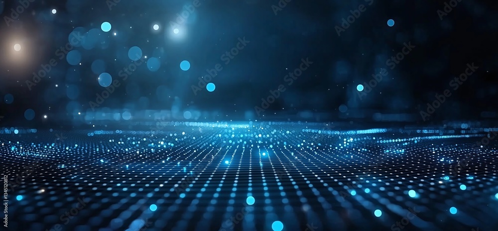 Poster an abstract representation of digital technology featuring glowing blue dots on a dark background, s