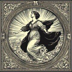 A woman floating with wings inside an ornate circular frame