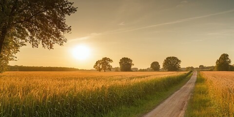 Obraz premium A serene sunset over golden fields, with a winding dirt path leading through lush green grass and warm light illuminating the landscape. SD5869