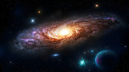 Naklejka premium Spiral Galaxy Surrounded By Stars And Nebulae In Dark Space With Colorful Celestial Bodies