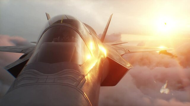 Military fighter jet F-35 flying over clouds. Air force.