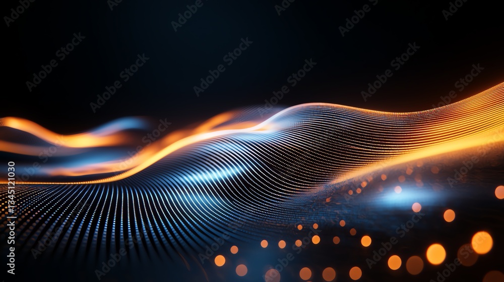 Poster an abstract representation of light waves and digital patterns, showcasing vibrant blues and oranges