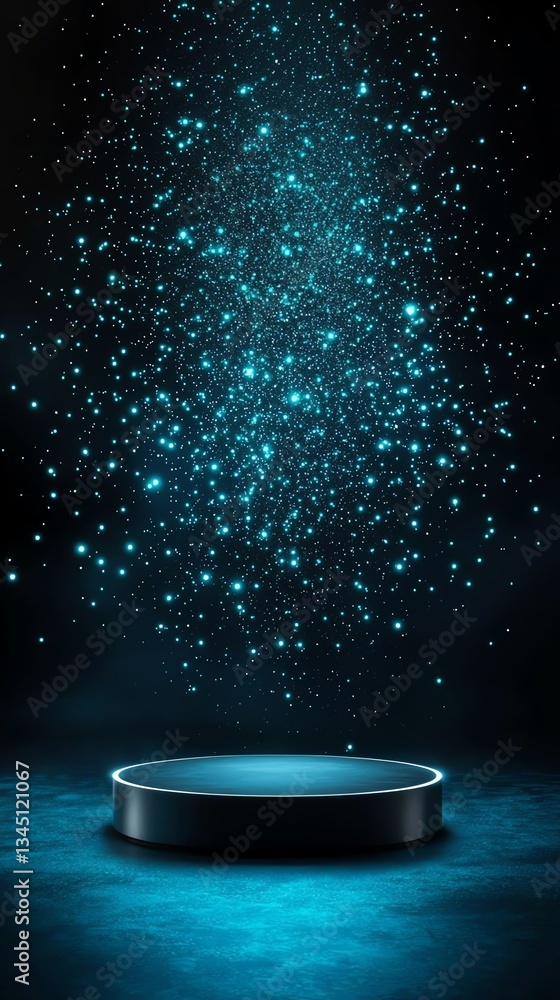 Aufkleber an illuminated platform surrounded by shimmering particles, creating a captivating atmosphere for pr