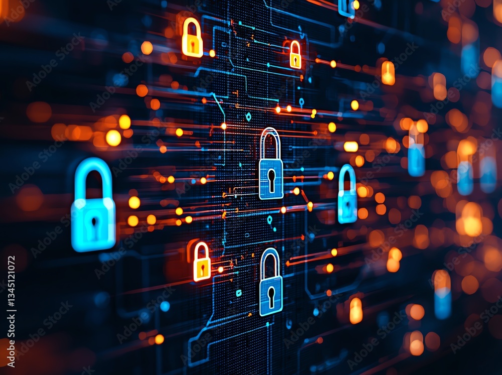 Poster an intricate digital representation of cybersecurity with glowing padlocks and circuit patterns