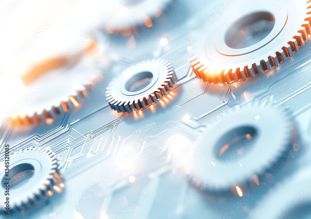 Poster close-up of interconnected gears on a circuit board, symbolizing innovation and mechanical engineeri