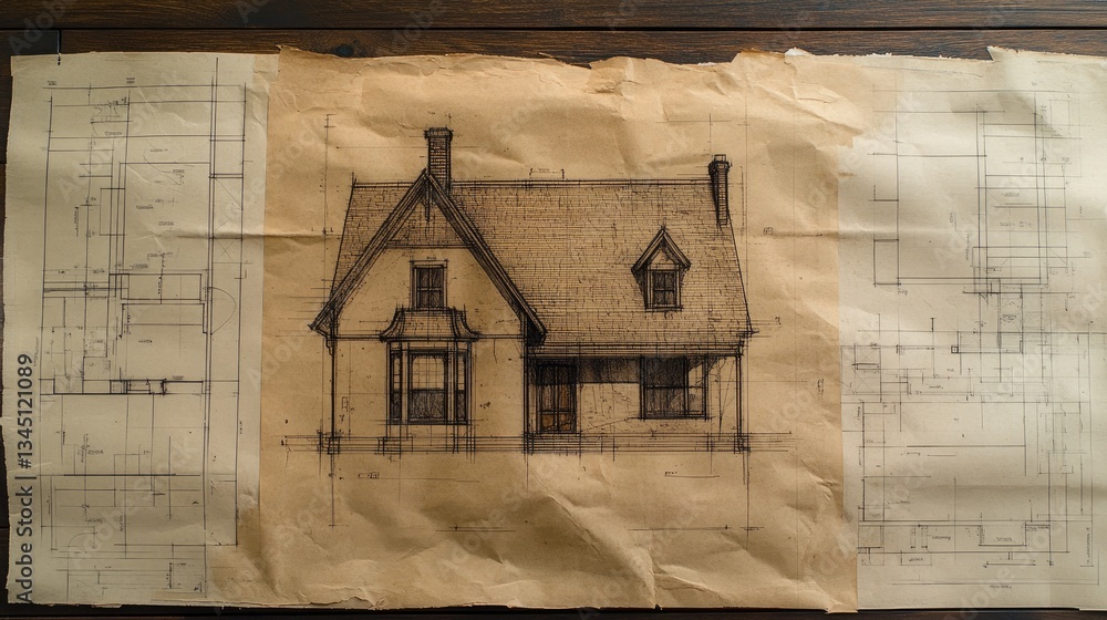 Poster a sophisticated architectural rendering overlaid on a printed blueprint.
