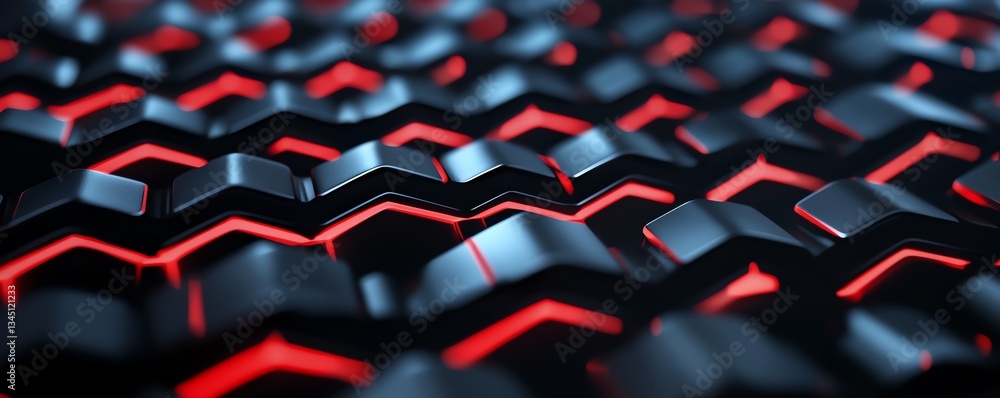 Poster close-up view of a modern textured surface with intricate patterns and glowing red lights. this imag