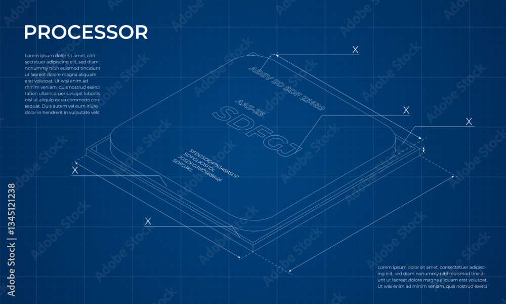 Poster isometric processor blueprint. central processing unit or cpu. computer hardware components. semicon
