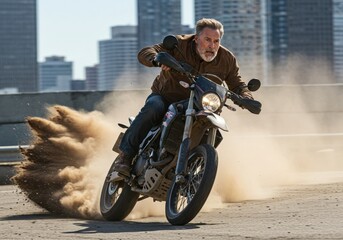 Fototapeta premium Dynamic action scene with a motorcycle on a dusty road, showcasing speed and adventure in an urban environment.