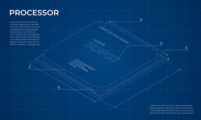 Isometric processor blueprint. Central processing unit or CPU. Computer hardware components. Semiconductor technology concept. Vector illustration