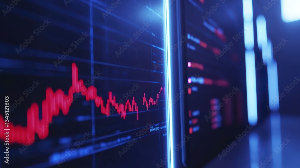 Poster financial data, screens showing stock charts in dark room. possible use stock photo for business