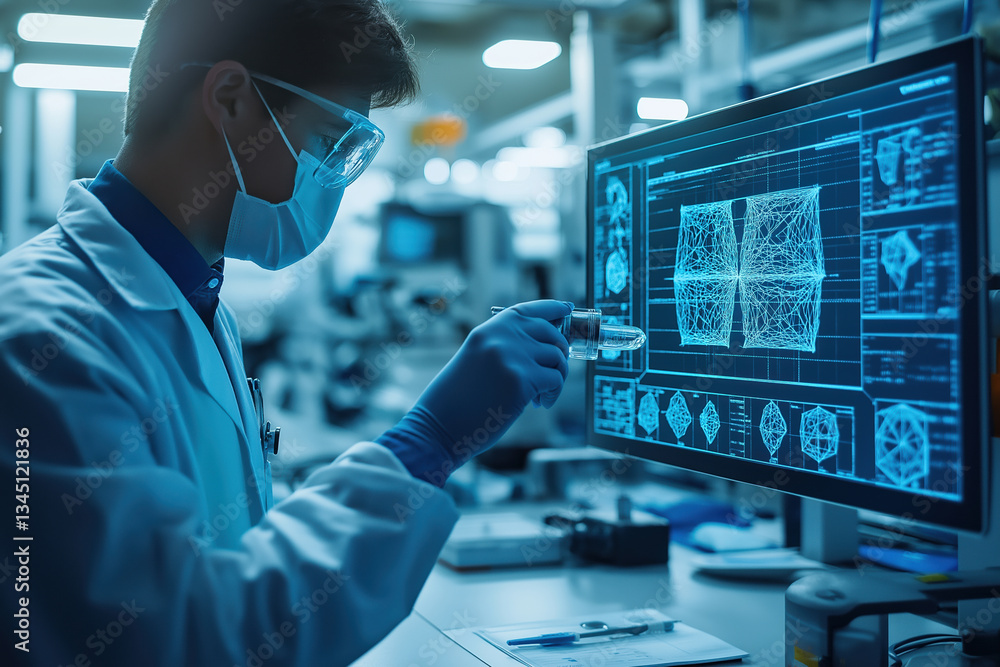 Poster scientist analyzes data on computer screen in modern laboratory during research session