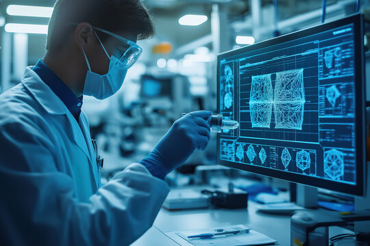Scientist analyzes data on computer screen in modern laboratory during research session