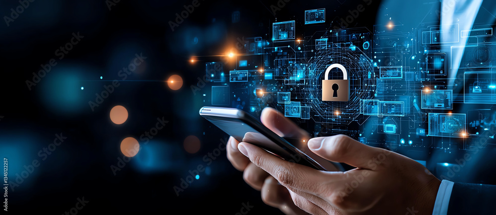 Poster person using smartphone with digital security graphics in background, symbolizing technology and dat