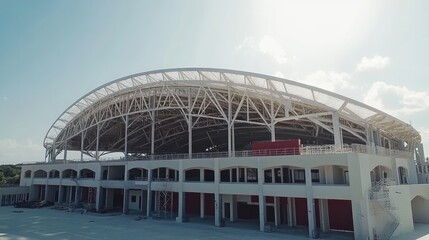 Fototapeta premium A stadium under construction, with massive steel arches forming the framework.