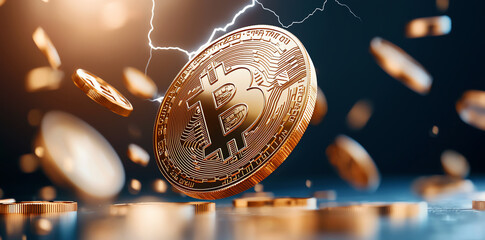 large bitcoin coin is surrounded by lightning, creating dramatic and electrifying atmosphere. scene captures essence of cryptocurrency and its dynamic nature