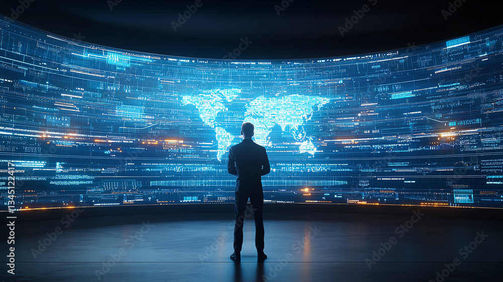 Poster man stands in front of large curved screen displaying digital world map with data visualizations. at