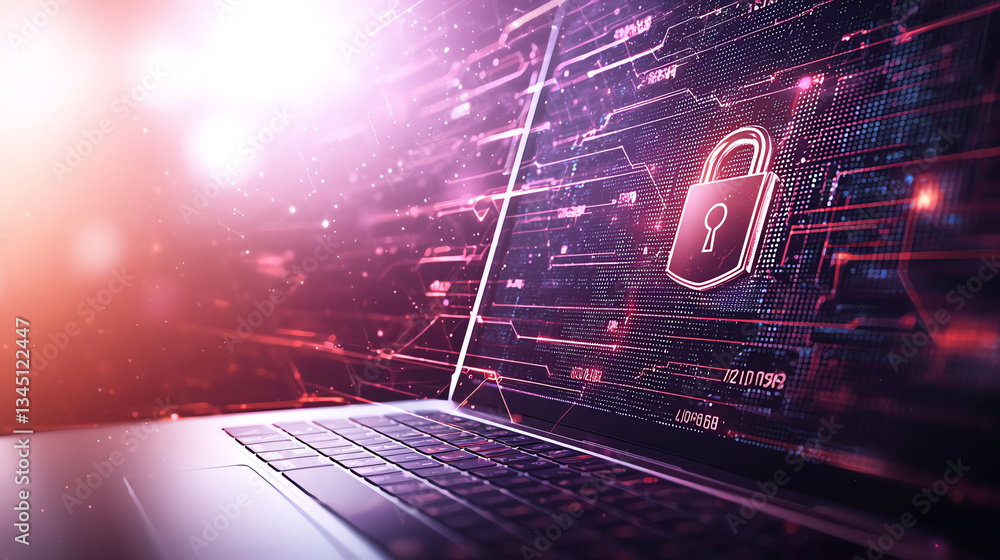 Poster modern laptop displaying digital padlock on screen, symbolizing cybersecurity and data protection. v