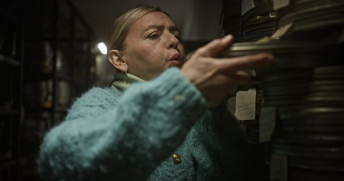 Elderly Woman Blowing Dust off Vintage Film Reel in Archive