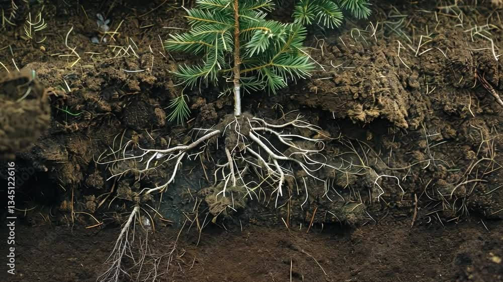 Poster close up of delicate tree roots in rich soil natures ecosystem supporting growth and connection to e