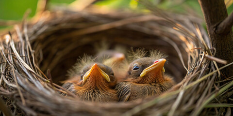 Obraz premium Cute Baby Birds Nestling in a Nest Close-Up