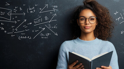 young woman with curly hair and glasses holds book, surrounded by mathematical equations on chalkboard. She appears focused and engaged in learning