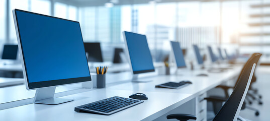 Modern office workspace with multiple computers and bright windows