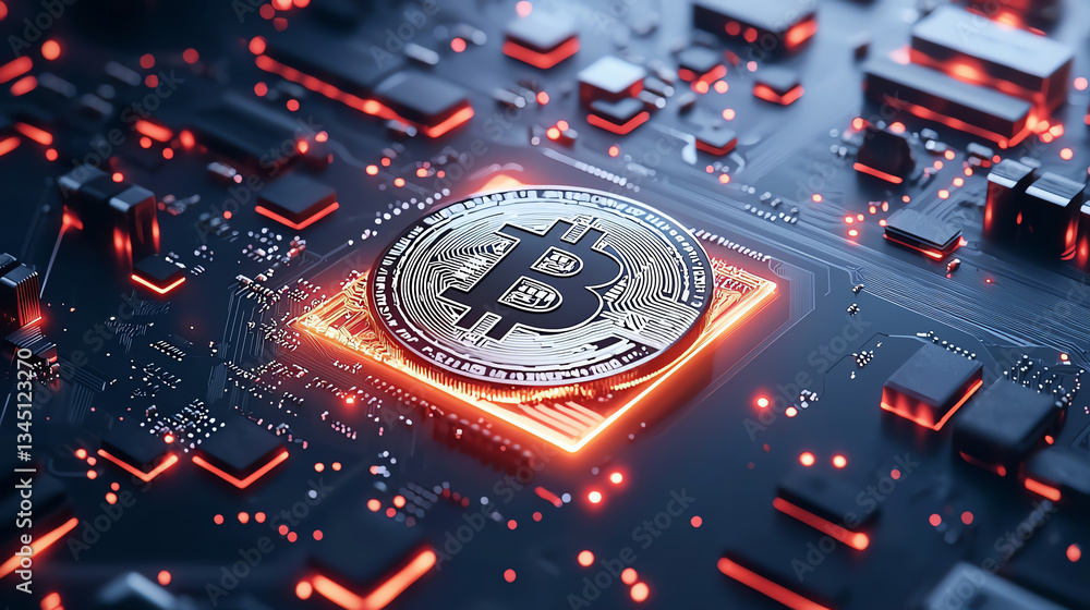 Poster close up of bitcoin on computer motherboard, showcasing intricate circuitry and glowing elements, sy