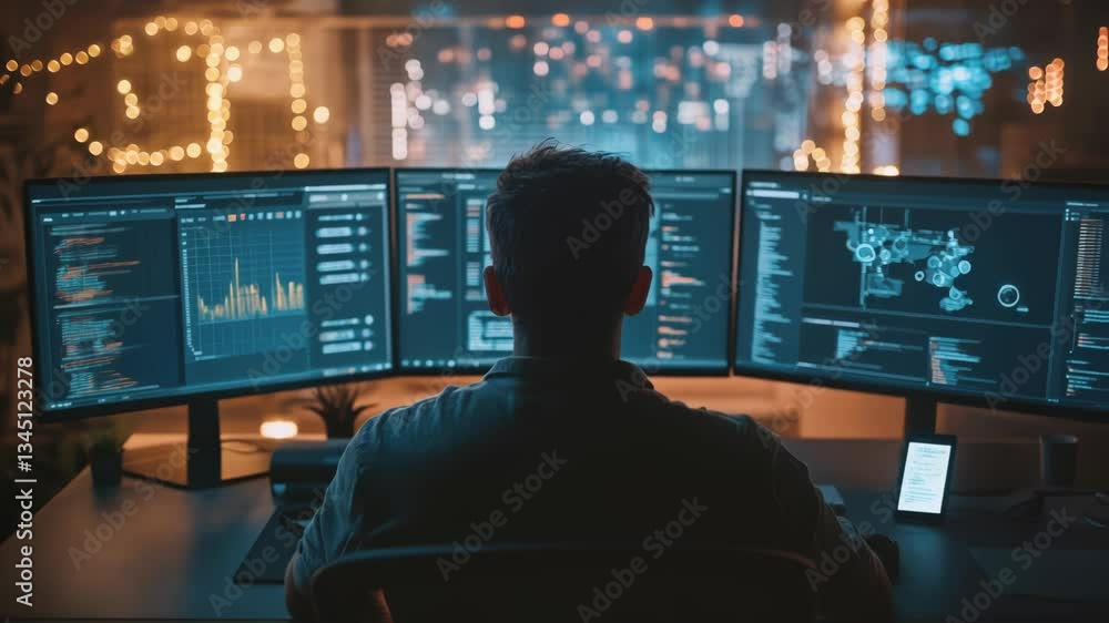 Poster male programmer working late at night in cozy room with fairy lights, developing new software using 