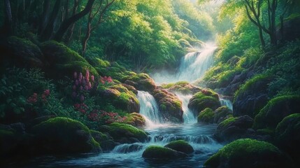 Fototapeta premium Serene Waterfall Cascading Through Lush Green Forest Surrounded by Vibrant Flora and Sunlit Misty Atmosphere