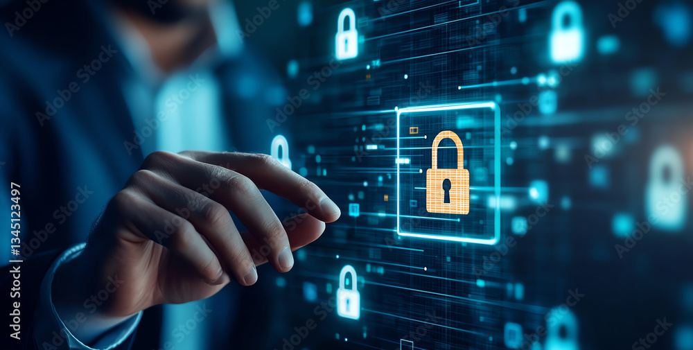 Poster person interacting with digital security interface, showcasing data protection and technology. image