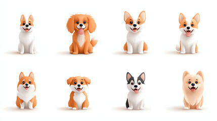 Cute cartoon dogs and puppies in playful arrangement, showcasing various breeds with cheerful expressions. Perfect for pet lovers and children illustrations