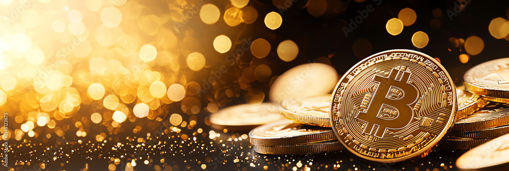 Poster golden bitcoin coins on black background with sparkling bokeh lights create luxurious and vibrant at