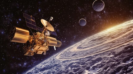 A satellite orbiting a planet, capturing an aerial view of its surface, with rings and moons in the distance, showing the complexity of space technology 