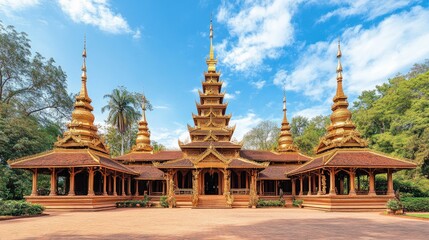 Fototapeta premium A traditional pagoda-style building with tiered roofs and ornate details.