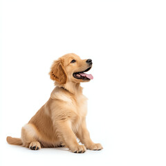Obraz premium Golden Retriever puppy sitting on white background, looking happy and playful. This adorable dog exudes joy and innocence, perfect for pet lovers