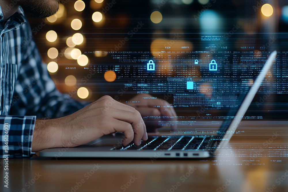 Poster businessman working on laptop with digital security icons and data streams in background, conveying 