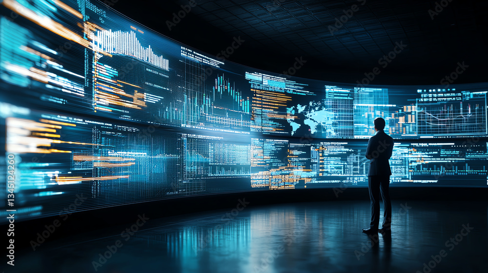 Poster person standing in front of large digital screens displaying data visualizations and analytics. envi