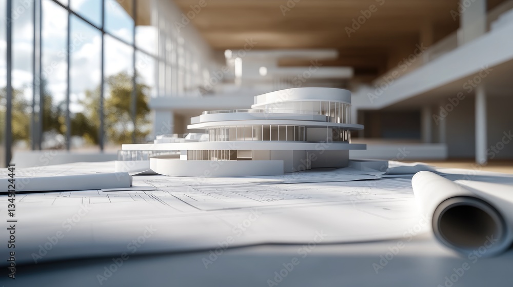 Poster a well-lit workspace featuring multiple blueprints and a modern architectural model.