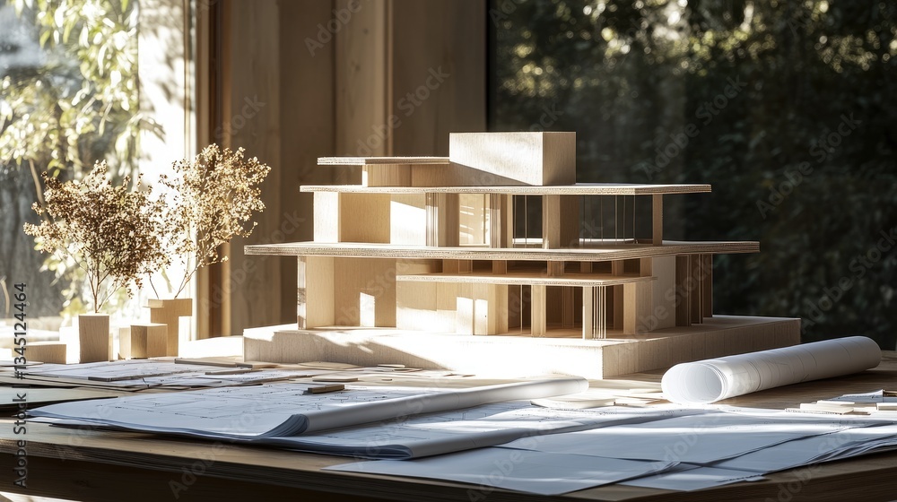 Poster a well-lit workspace featuring multiple blueprints and a modern architectural model.