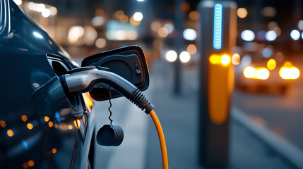 Naklejka premium Charging electric vehicle at modern charging station, showcasing power supply and vibrant city lights in background