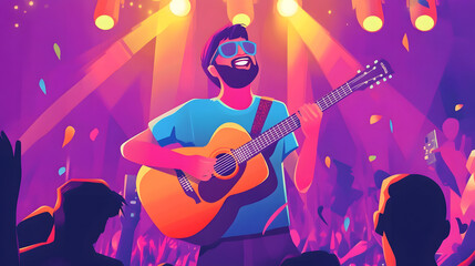 Obraz premium Professional Music Festival Scene with Man Playing Acoustic Guitar Live Performance