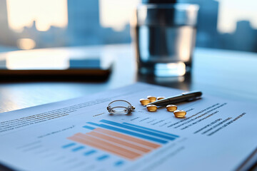 Business report with financial data and a ring on the desk in a city office